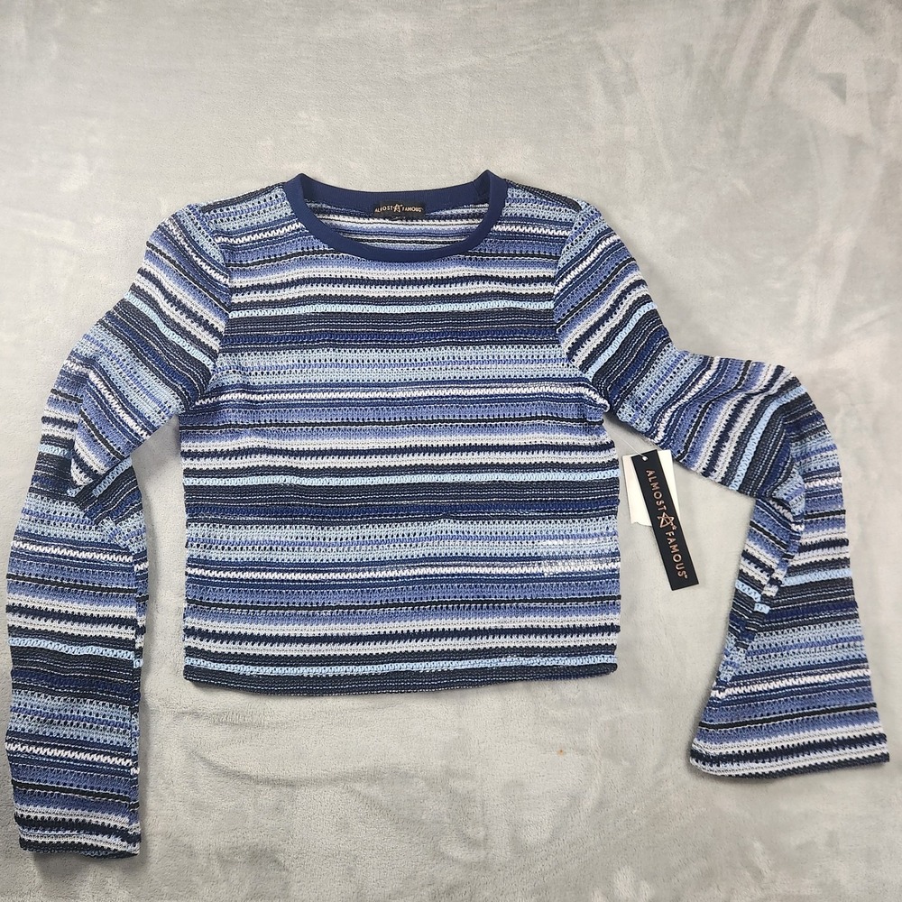 Y2K Almost Famous Blue White Striped Knit Cropped Blouse Long Sleeve Top Size L